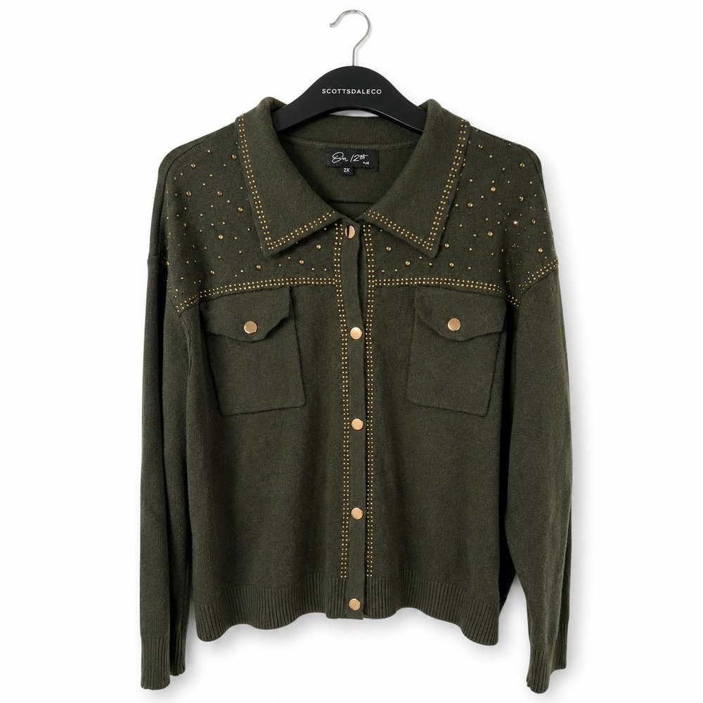 On 12th Plus Cardigan Womens 2X Olive Green Gold Studded Button Front NWT
